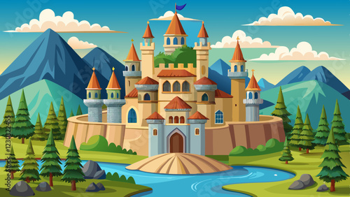 Majestic castle with tall towers and red roofs, surrounded by mountains, pine trees, and a winding river under a bright, partly cloudy sky
