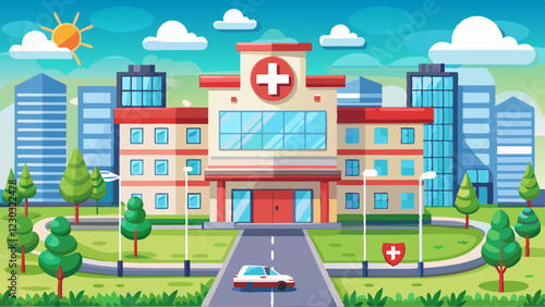 Modern hospital building with a red cross symbol, surrounded by trees, green lawns, and a driveway with an ambulance, set against a backdrop of city skyscrapers and a sunny sky