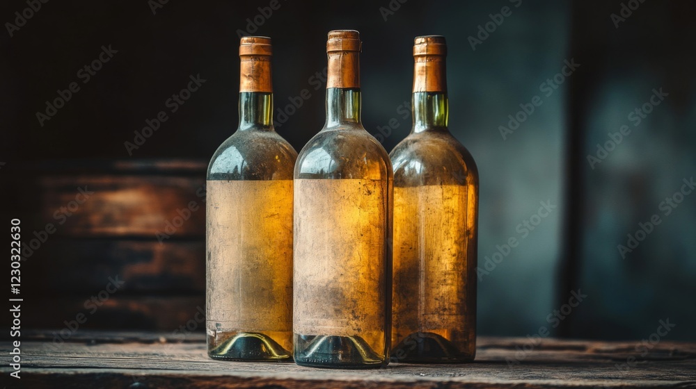 Obraz premium Three Aged Wine Bottles on Rustic Wooden Table