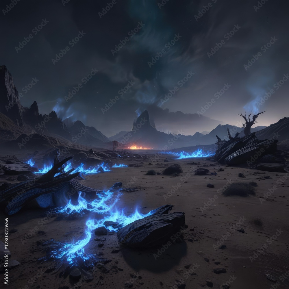 Naklejka premium Shimmering blue flames in a dark, desolate land , fire, blue