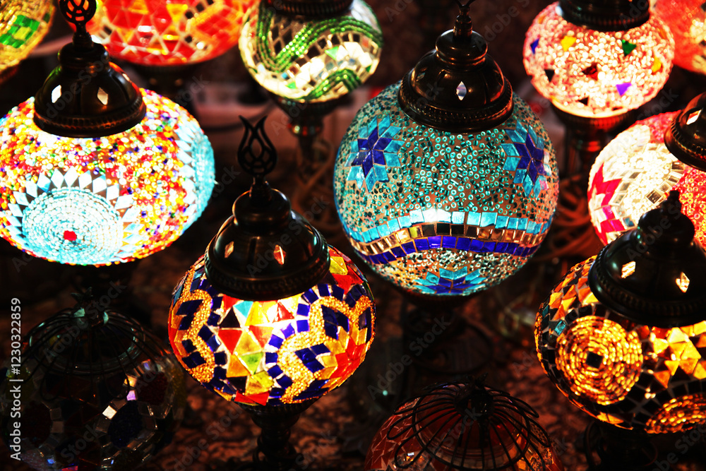 Fototapeta premium colorful balloons, ceiling lights, oriental-style lanterns, bottom view, beautiful background