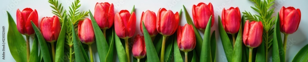 Freshly picked bunch of red tulips and green ferns, flowers, bouquet, arrangement Freshly picked bunch of red tulips and green ferns, flowers, bouquet, arrangement