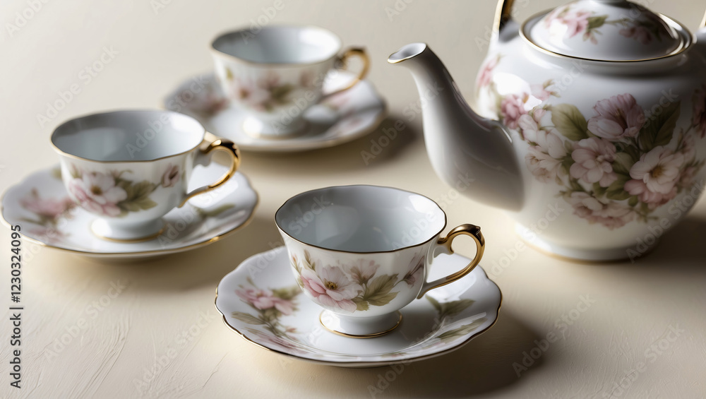 Elegant tea set arranged on a light surface with floral designs and delicate details Elegant tea set arranged on a light surface with floral designs and delicate details