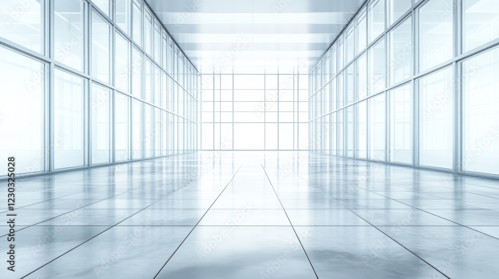 Fototapeta premium Modern Empty Office Corridor with Large Windows and Polished Tiles