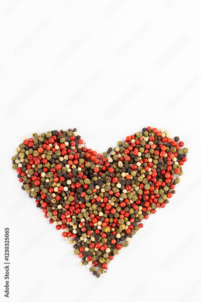 closeup white background a pile of mixed large aromatic peppers black red and white the main seasoning for food peppercorns indian and european spices pepper laid out in the shape of a heart closeup white background a pile of mixed large aromatic peppers black red and white the main seasoning for food peppercorns indian and european spices pepper laid out in the shape of a heart