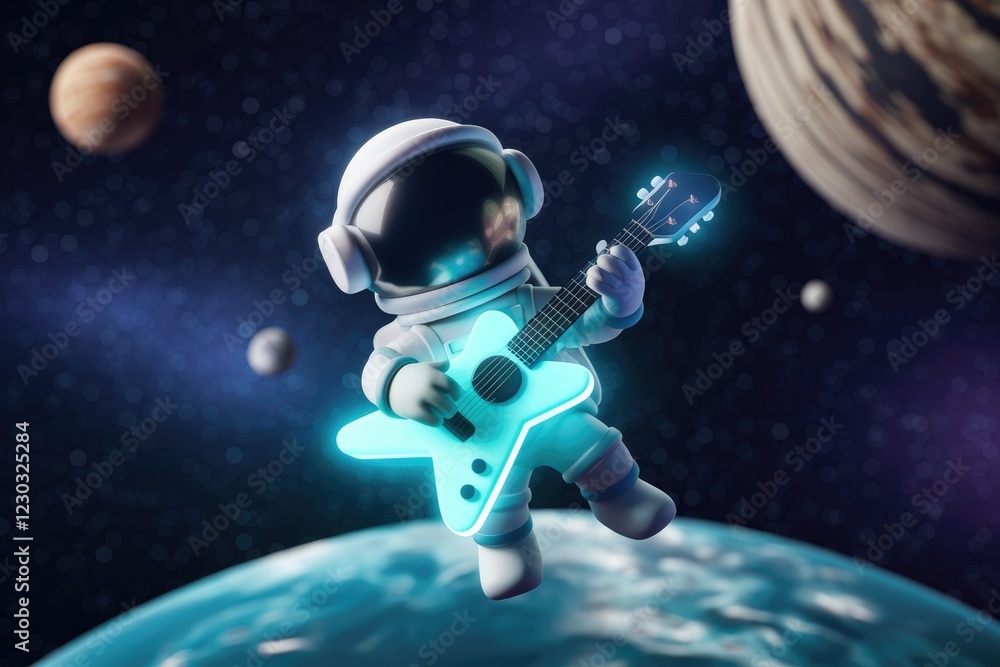A cute astronaut plays a glowing guitar in space, surrounded by planets. A cute astronaut plays a glowing guitar in space, surrounded by planets.