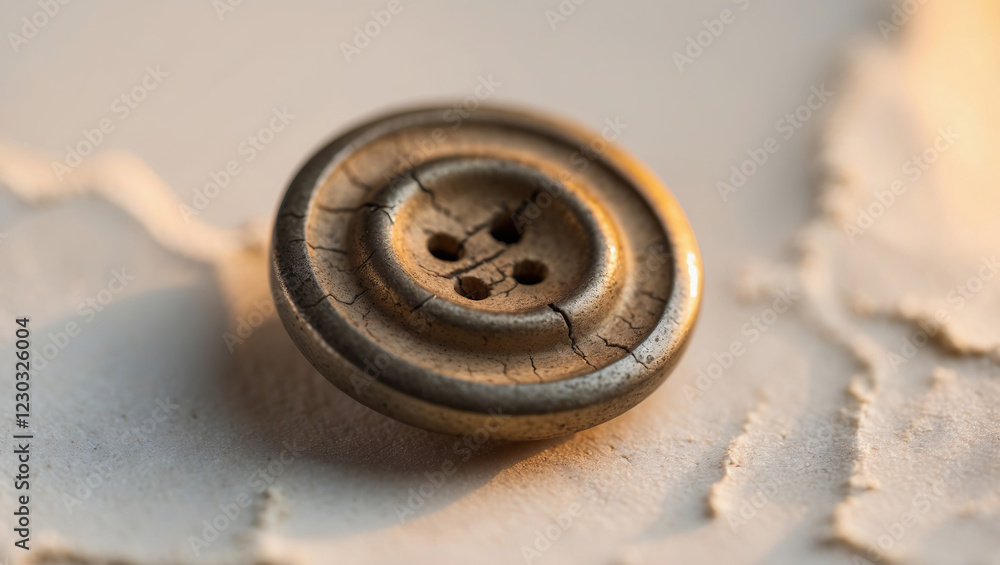 Close-up of an old, cracked button resting on textured paper, showcasing vintage design and detail Close-up of an old, cracked button resting on textured paper, showcasing vintage design and detail