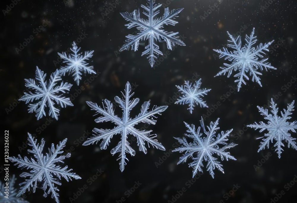 Snowflakes gently floating in a black background with subtle glow, stillness, serene atmosphere Snowflakes gently floating in a black background with subtle glow, stillness, serene atmosphere