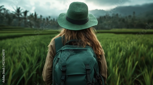 A solo traveler, adorned with a green hat and backpack, stands amidst lush rice fields, portraying the spirit of adventure and connection with nature in a breathtaking landscape. photo