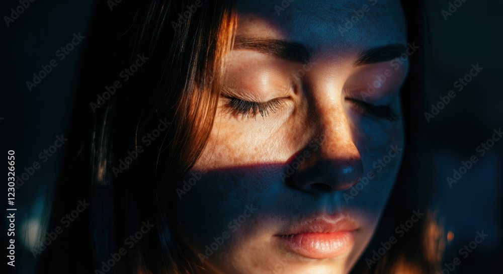 Woman with closed eyes, illuminated by soft light and shadows Woman with closed eyes, illuminated by soft light and shadows