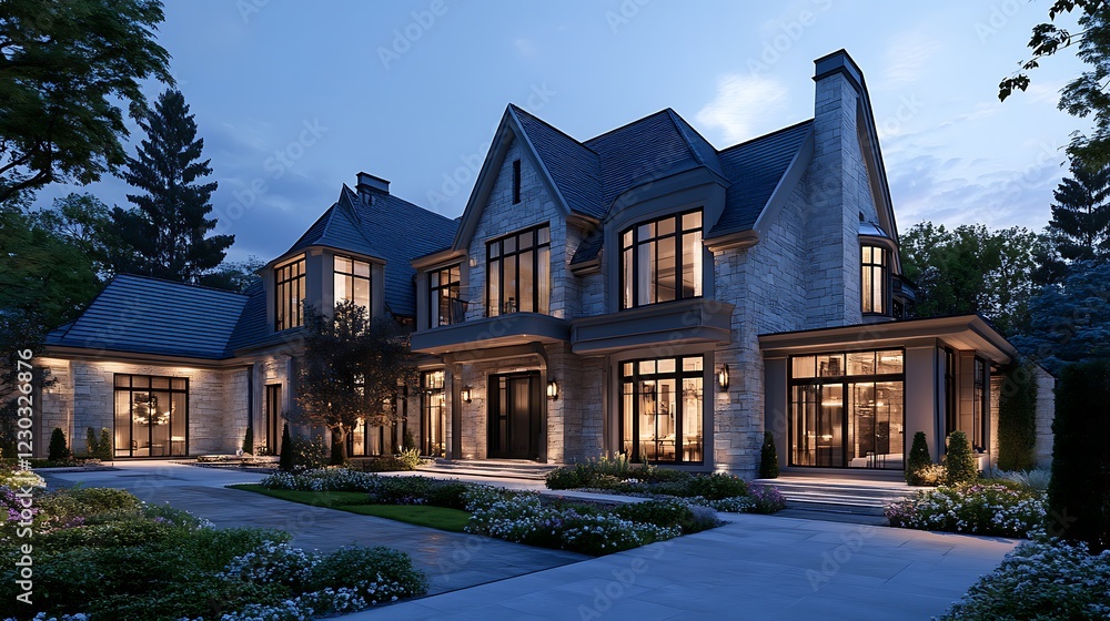 Naklejka premium Gorgeous classical mansion glowing beautifully under moonlight with artistic decor