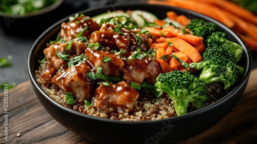 This appetizing image showcases a vibrant quinoa bowl filled with fresh vegetables and a savory sauce, beautifully arranged for an appealing presentation perfect for food lovers. photo