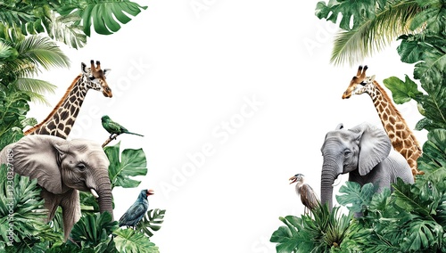 A jungle border with various animals like elephants, giraffes, and birds in green foliage