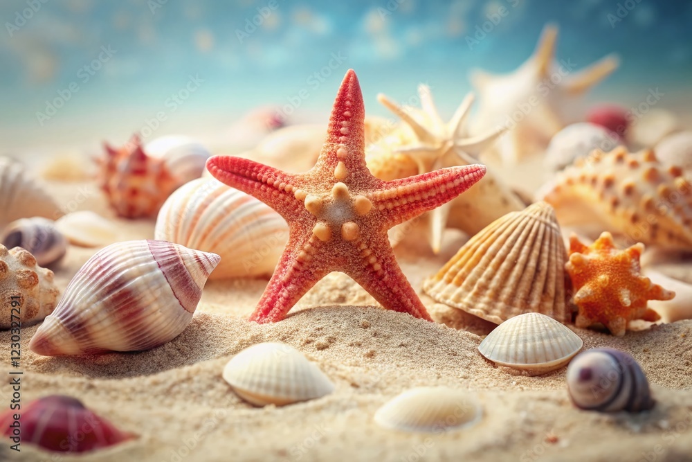 Minimalist Seashells and Starfish on Sandy Beach - Summer Ocean Stock Photo Minimalist Seashells and Starfish on Sandy Beach - Summer Ocean Stock Photo