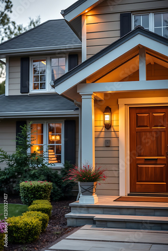 Wallpaper Mural Illuminated Suburban House Exterior at Dusk: A Captivating View of Residential Architecture Torontodigital.ca