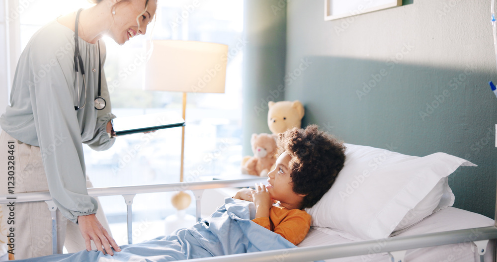 Hospital, consulting and child in bed with doctor for health, wellness and treatment for rehabilitation. Healthcare, pediatric clinic and woman with boy for medical service, diagnosis and recovery Hospital, consulting and child in bed with doctor for health, wellness and treatment for rehabilitation. Healthcare, pediatric clinic and woman with boy for medical service, diagnosis and recovery