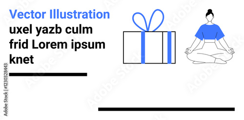 Woman mediating in lotus position beside a large gift box tied with ribbon. Ideal for mindfulness, wellness, gift giving, relaxation, balance, focus, inspiration. Landing page