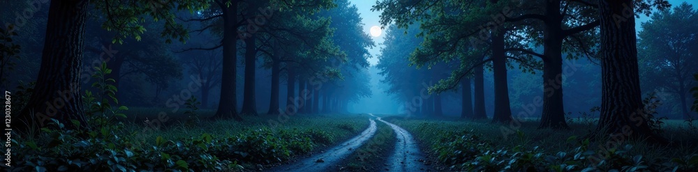 Softly illuminated forest path under starry sky, serene woods, forest, lunar light Softly illuminated forest path under starry sky, serene woods, forest, lunar light