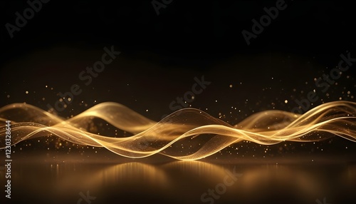 Ondas doradas brillantes de luz y partículas brillantes sobre un fondo oscuro