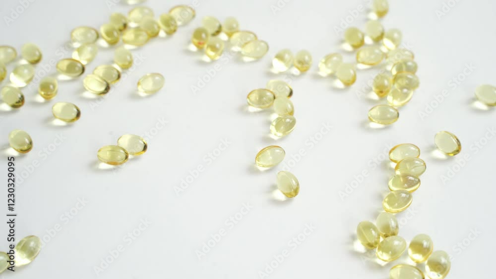 Hand arranging omega3 capsules on white surface in sequence. Hand arranging omega3 capsules on white surface in sequence.