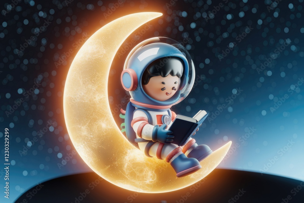 Fototapeta premium A cute astronaut child sits on a glowing crescent moon, engrossed in reading a book in space.