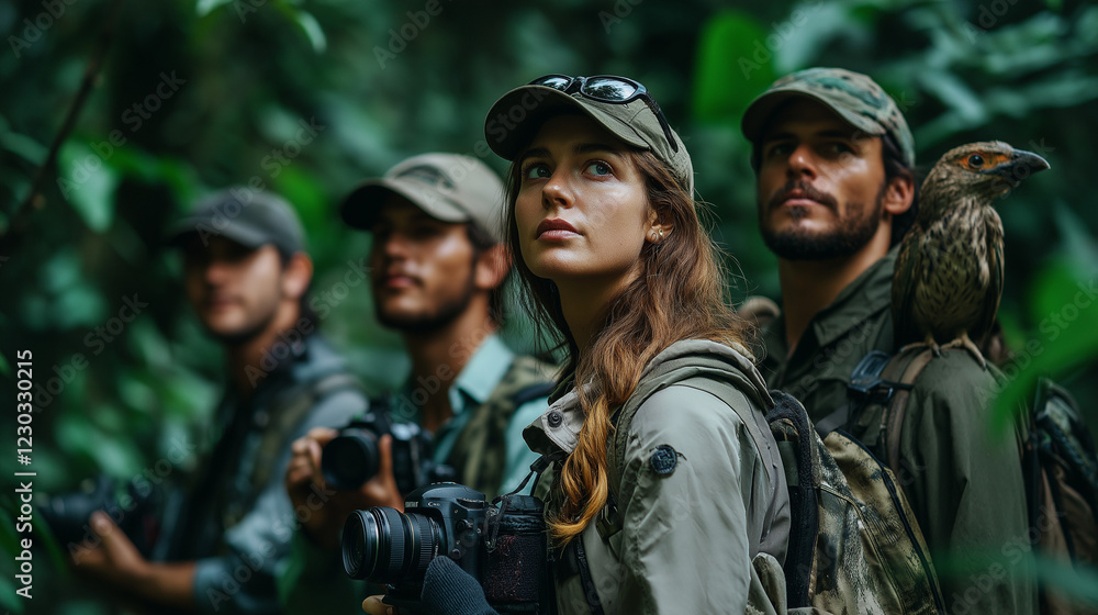 A team of four wildlife photographers, two men and two women, wearing adventure-ready outdoor gear, standing in a dense rainforest with blurred exotic birds and lush foliage in the background A team of four wildlife photographers, two men and two women, wearing adventure-ready outdoor gear, standing in a dense rainforest with blurred exotic birds and lush foliage in the background