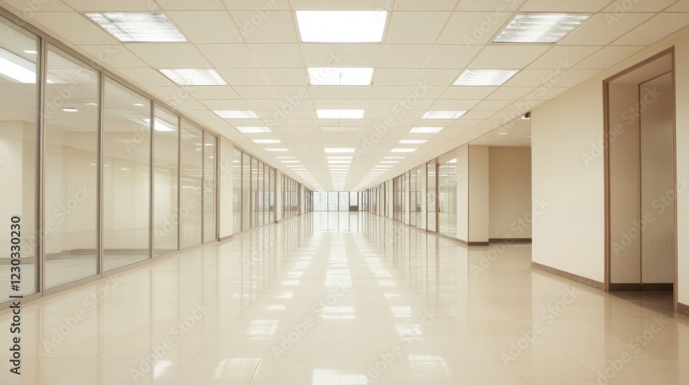 Fototapeta premium Modern empty office corridor with glass walls and bright lighting.