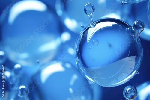 Big Blue Bubbles Shining in Backlight. Aperture View of Abstract Bright Background with Shiny Bubbles photo