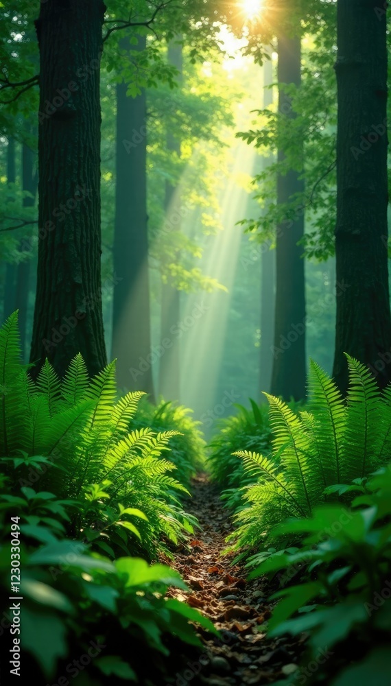 Fototapeta premium Tall ferns in the forest with sunlight filtering through, foliage, ferns