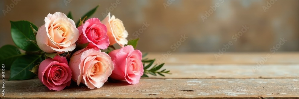 A delicate rose bouquet on a distressed wood table with a subtle tan finish, rustic, tan, A delicate rose bouquet on a distressed wood table with a subtle tan finish, rustic, tan,