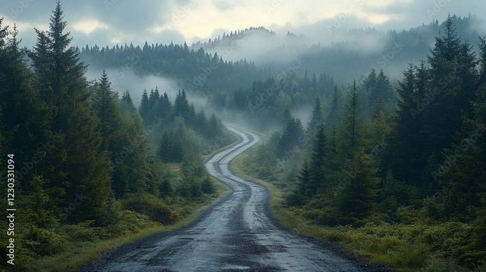 Serene winding road through misty forest landscape, capturing tranquility and nature's beauty Serene winding road through misty forest landscape, capturing tranquility and nature's beauty