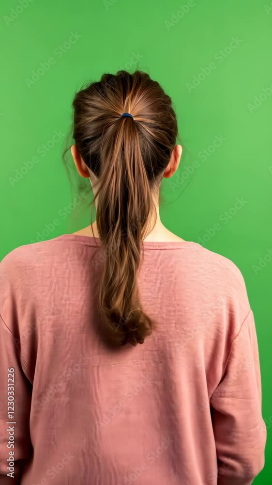 Back View of Woman with Brown Hair in Pink Sweater Against Vibrant Green Background for Professional Training and Digital Content Creation Back View of Woman with Brown Hair in Pink Sweater Against Vibrant Green Background for Professional Training and Digital Content Creation