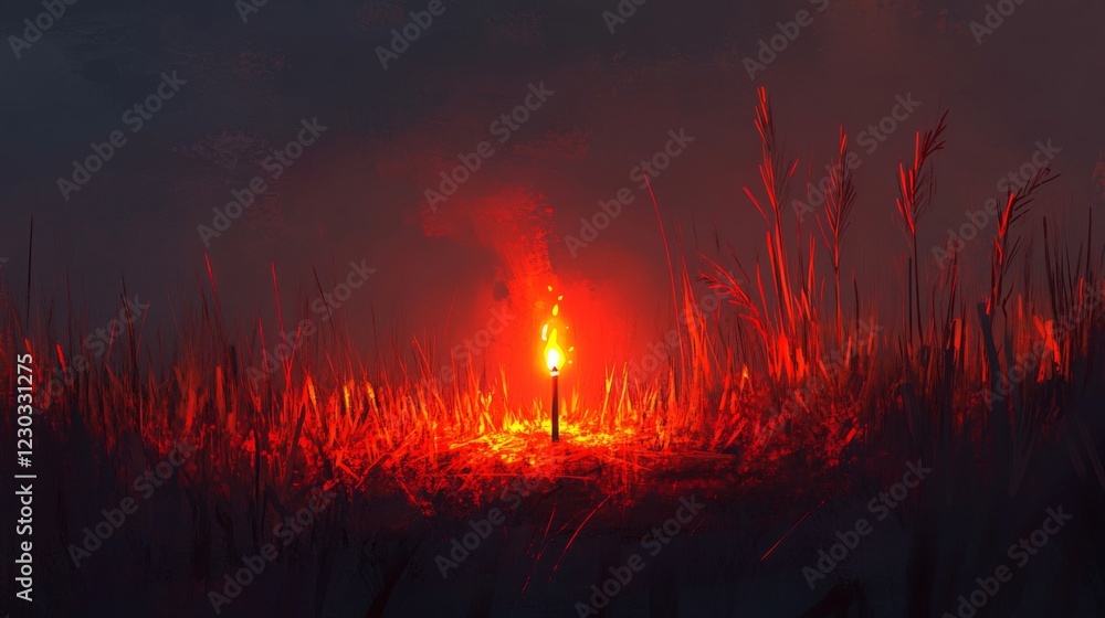 Burning Grass Field at Night with a Single Torch Burning Grass Field at Night with a Single Torch