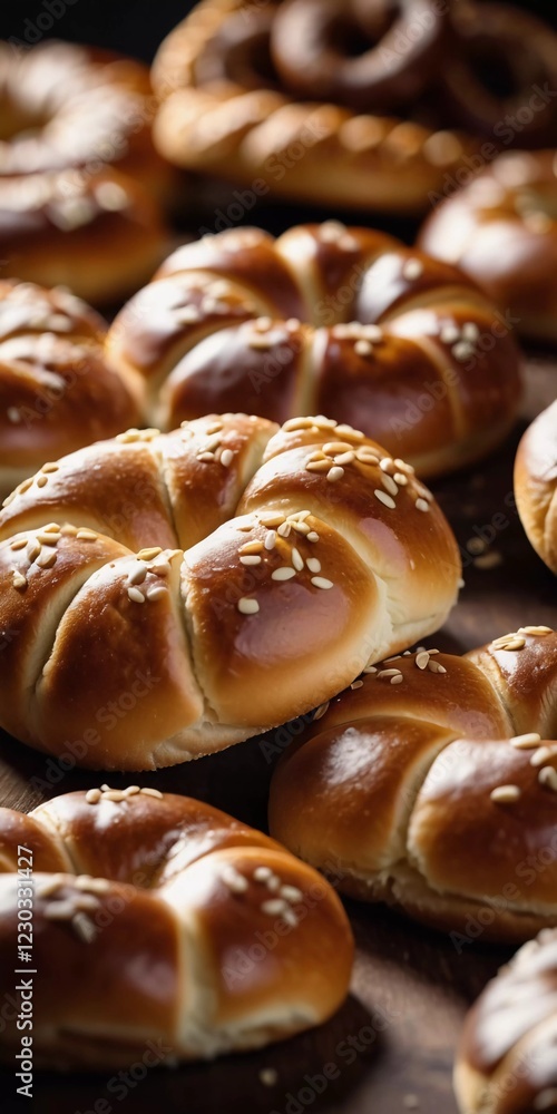 In a warm kitchen filled with the aroma of freshly baked goods, sesame bagel buns are braided and prepared on a wooden surface, showcasing their golden brown crust and rich texture. Generative AI In a warm kitchen filled with the aroma of freshly baked goods, sesame bagel buns are braided and prepared on a wooden surface, showcasing their golden brown crust and rich texture. Generative AI