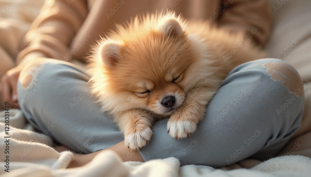 A fluffy Pomeranian snuggled up and sleeping on its owner's legs, with visible relaxed paws and a calm expression, surrounded by a soft pastel background, warm and peaceful lighting A fluffy Pomeranian snuggled up and sleeping on its owner's legs, with visible relaxed paws and a calm expression, surrounded by a soft pastel background, warm and peaceful lighting
