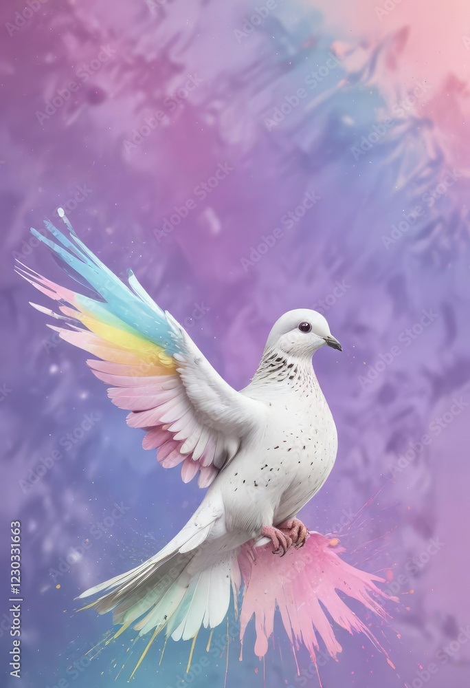 Obraz premium Pastel Rainbow Splatter Background with Peaceful Dove, pastel rainbow, colorful splatter