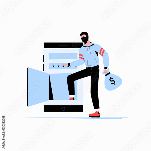 Hacker Stealing Money Through Smartphone in Flat Vector Illustration Symbolizing Cybercrime, Online Fraud, and Digital Theft, Isolated on White Background