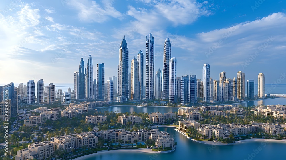 Obraz premium Majestic urban skyline with tall buildings and drifting clouds overhead
