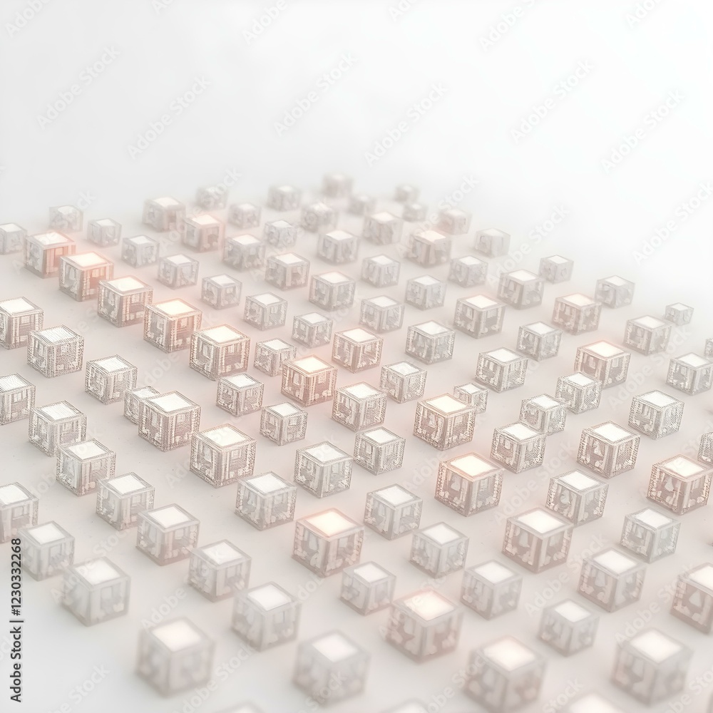 Obraz premium A 3D grid with glowing cubes representing AI data clusters, floating in a gradient space of white and silver.