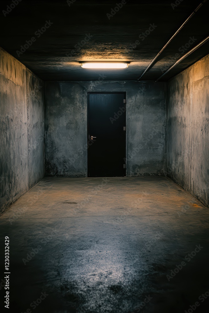 Fototapeta premium Dark and Grungy Room with Solid Black Door and Empty Space