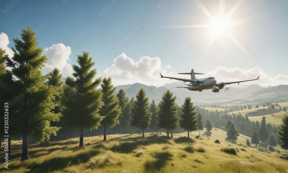 Plane flying low over a sunny landscape with trees, sky, aircraft Plane flying low over a sunny landscape with trees, sky, aircraft