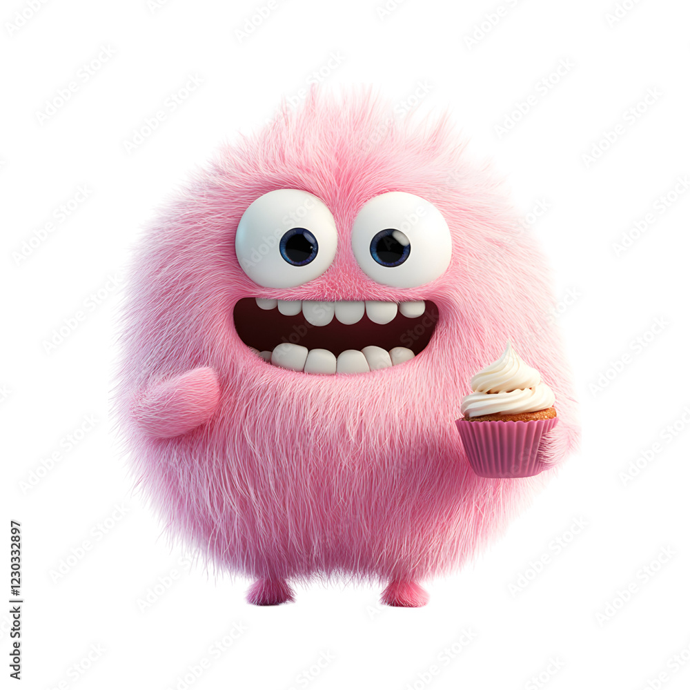 Fluffy 3D Cartoon Character Making a Funny Face with Cupcake Isolated on Transparent Background Fluffy 3D Cartoon Character Making a Funny Face with Cupcake Isolated on Transparent Background