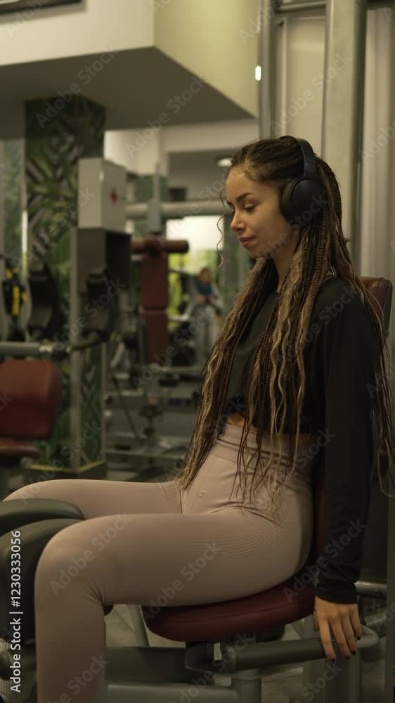 young woman exercise on machine at gym for leg muscles young woman exercise on machine at gym for leg muscles
