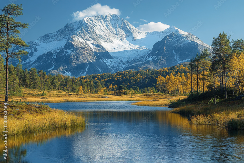 Fototapeta premium Majestic Snowcapped Mountain Reflecting In Autumnal Lake