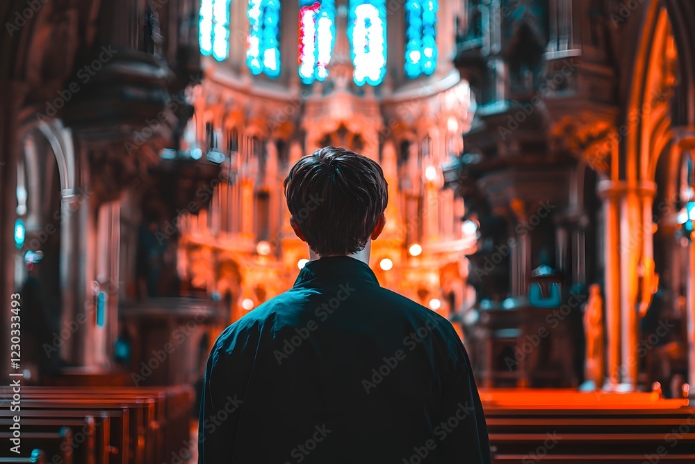 Obraz premium Contemplative Man in Majestic Church Interior Back View Religious Architecture
