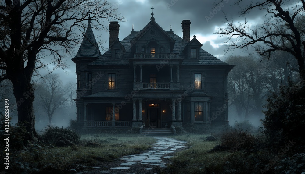 Obraz premium Mysterious Mansion in the Mist: A Dark and Eerie Night