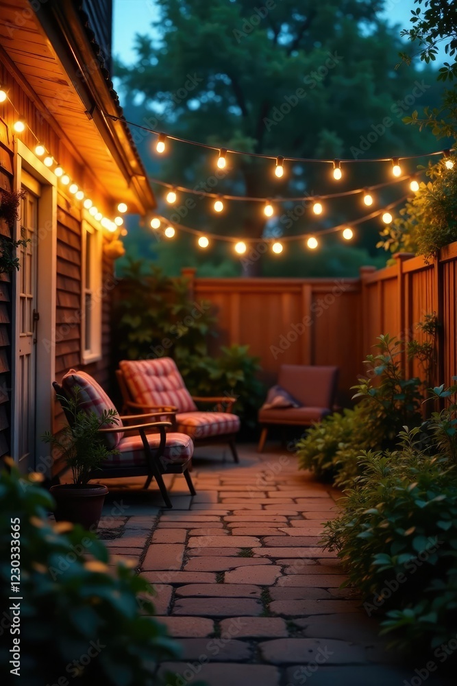 Fototapeta premium Cozy backyard illuminated by soft string lights, inviting, festive