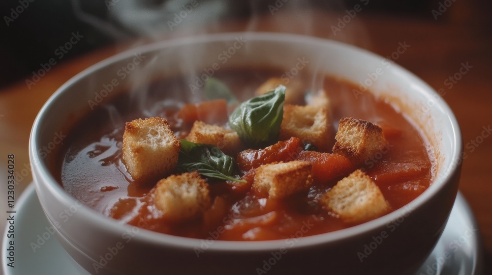 Bowl of steaming tomato basil soup with croutons Bowl of steaming tomato basil soup with croutons
