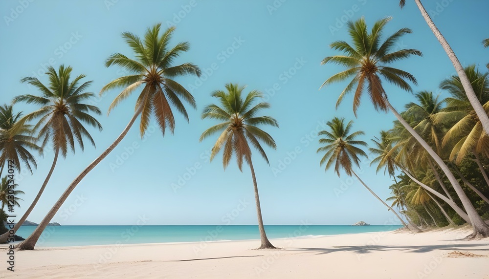 Una playa tropical con palmeras, un cielo azul claro y una orilla arenosa Una playa tropical con palmeras, un cielo azul claro y una orilla arenosa