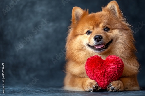 Marketing visual idea. Cute finnish spitz doggy with fluffy red heart - emblem of love, funny greeting card. Finnish spitz - my desired dog. Heart and dog. Heart-shaped toys. Love concept. photo